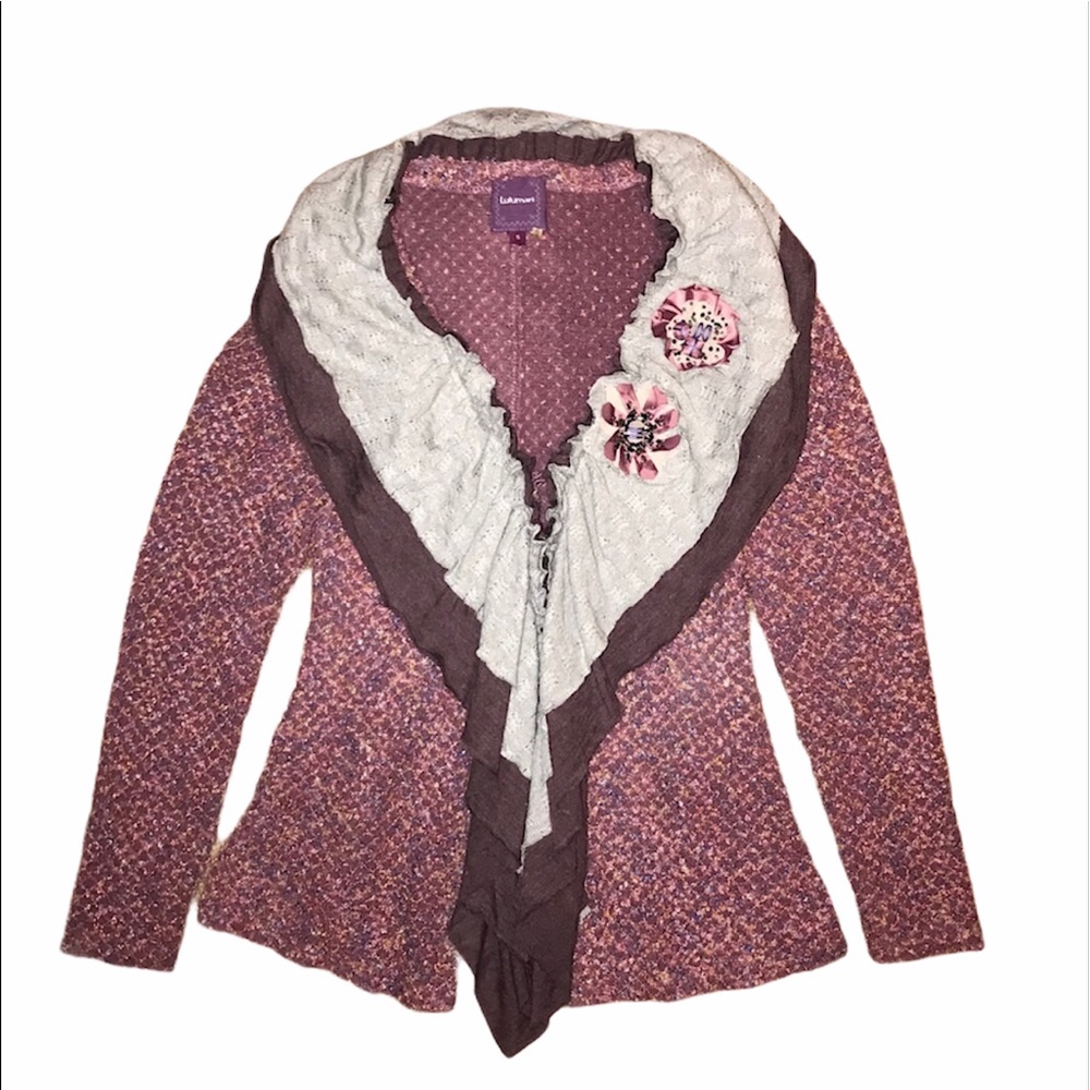 Lulumari purple grey knit cardigan sweater ruffles Size Small